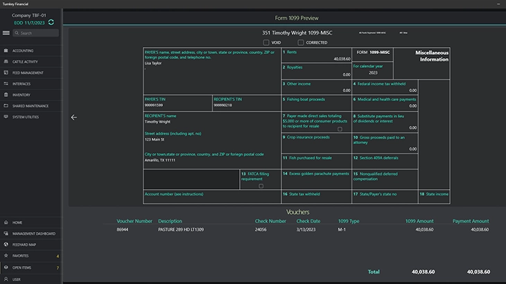 Turnkey Financial screen showing 1099 processing.